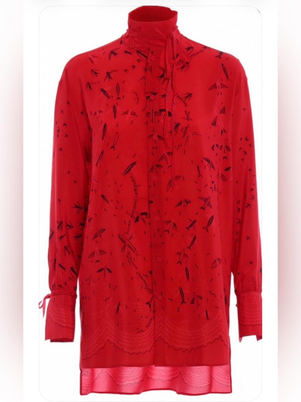 Valentino Red Tie-Neck Button-Front Blouse with Black Bird Motif